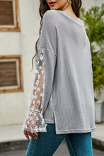 Load image into Gallery viewer, 3D Floral Applique Mesh Sleeve Waffle Top