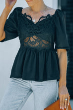 Load image into Gallery viewer, Lace Smocked Puff Sleeve Peplum Top
