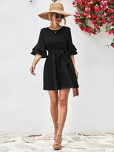 Load image into Gallery viewer, Round Neck Tie Belt Flounce Sleeve Dress