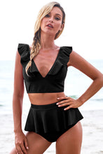 Load image into Gallery viewer, Ruffle Trim Deep V Cropped Tankini Set