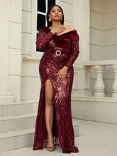 Load image into Gallery viewer, Plus Size Sequin Ruched Tie-Back Split Dress