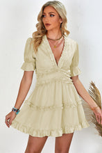 Load image into Gallery viewer, Frill Trim Short Puff Sleeve Plunge Dress