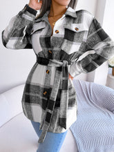 Load image into Gallery viewer, Plaid Belted Button Down Shirt Jacket