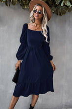 Load image into Gallery viewer, Square Neck Ruffle Hem Long Bubble Sleeve Midi Dress
