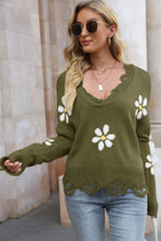 Load image into Gallery viewer, Flower Distressed Ribbed Trim Sweater