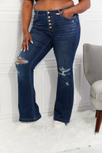 Load image into Gallery viewer, ON SALE! KANCAN Dark Blue Wash Flare mid rise jeans w/distressed Knees detail