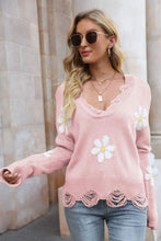 Load image into Gallery viewer, Flower Distressed Ribbed Trim Sweater