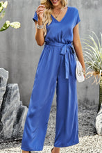 Load image into Gallery viewer, Tie Belt V-Neck Short Sleeve Jumpsuit