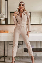 Load image into Gallery viewer, Belted Button Front Collared Jumpsuit