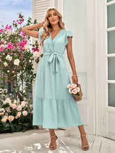 Load image into Gallery viewer, Swiss Dot Lace Trim Puff Sleeve Dress