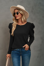 Load image into Gallery viewer, Waffle-Knit Puff Sleeve Round Neck Top