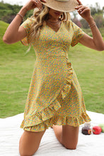 Load image into Gallery viewer, Floral Short Sleeve Surplice Neck Ruffled Dress