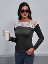 Load image into Gallery viewer, Lace Trim Long Sleeve Round Neck Tee