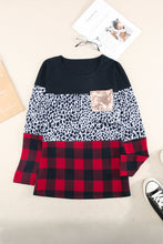 Load image into Gallery viewer, Leopard Plaid Contrast Sequin Long Sleeve Tee
