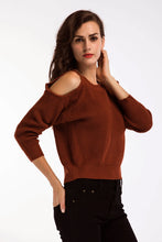 Load image into Gallery viewer, Double Take Round Neck Cold-Shoulder Ribbed Sweater