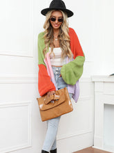 Load image into Gallery viewer, Color Block Open Front Balloon Sleeve Longline Cardigan