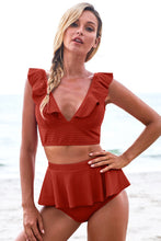 Load image into Gallery viewer, Ruffle Trim Deep V Cropped Tankini Set