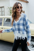 Load image into Gallery viewer, Plaid Frayed Trim V-Neck Sweater