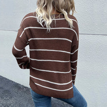 Load image into Gallery viewer, Striped V-Neck Slit Dropped Shoulder Sweater