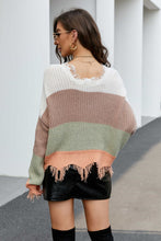 Load image into Gallery viewer, Striped Fringe Trim V-Neck Sweater