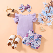 Load image into Gallery viewer, Ribbed Ruffle Shoulder Bodysuit and Butterfly Print Shorts Set