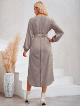 Load image into Gallery viewer, Striped Notched Neck Curved Hem Long Sleeve Dress