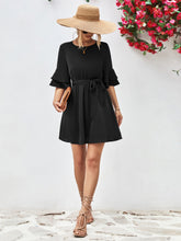 Load image into Gallery viewer, Round Neck Tie Belt Flounce Sleeve Dress