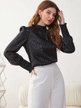 Load image into Gallery viewer, Leopard Smocked Frill Neck Puff Sleeve Blouse