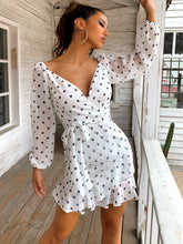 Load image into Gallery viewer, Star Print Surplice Belted Ruffle Hem Dress