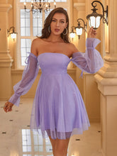 Load image into Gallery viewer, Glitter Off-Shoulder Mesh Flounce Sleeve A-Line Dress