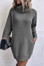 Load image into Gallery viewer, Turtleneck Raglan Sleeve Rib-Knit Dress with Pockets
