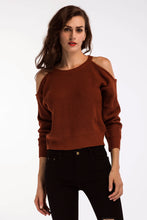 Load image into Gallery viewer, Double Take Round Neck Cold-Shoulder Ribbed Sweater