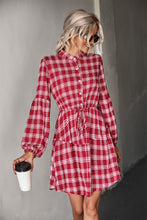 Load image into Gallery viewer, Plaid Band Collar Drawstring Shirt Dress