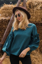 Load image into Gallery viewer, Ruffled Balloon Sleeve Notched Neck Blouse