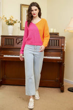 Load image into Gallery viewer, Two-Tone V-Neck Twisted Sweater