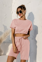 Load image into Gallery viewer, Short Sleeve Cropped Top and Drawstring Shorts Lounge Set