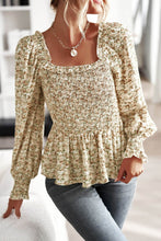 Load image into Gallery viewer, Floral Frill Trim Smocked Flounce Sleeve Peplum Blouse