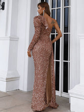 Load image into Gallery viewer, Sequined One-Shoulder Ruffled Split Dress