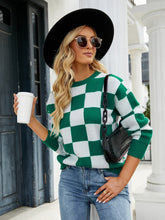 Load image into Gallery viewer, Checkered Dropped Shoulder Round Neck Sweater
