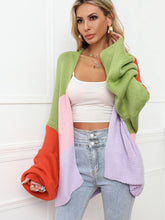 Load image into Gallery viewer, Color Block Open Front Balloon Sleeve Longline Cardigan