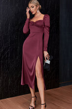 Load image into Gallery viewer, Ruched Puff Sleeve Split Satin Dress