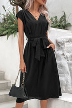 Load image into Gallery viewer, Tie Belt V-Neck Pleated Dress