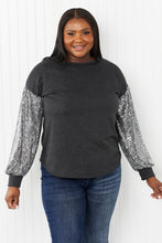 Load image into Gallery viewer, HOPELY Full Size Sequin Puff Sleeve Curved Hem Top in Charcoal