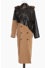 Load image into Gallery viewer, GAWQO Spliced Faux Leather Tie Waist Trench Coat