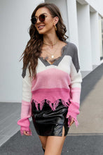 Load image into Gallery viewer, Striped Fringe Trim V-Neck Sweater