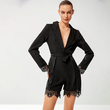 Load image into Gallery viewer, Lace Trim Belted Lapel Collar Romper