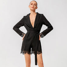 Load image into Gallery viewer, Lace Trim Belted Lapel Collar Romper