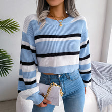 Load image into Gallery viewer, Tricolor Striped Round Neck Cropped Sweater