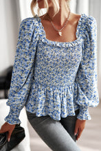 Load image into Gallery viewer, Floral Frill Trim Smocked Flounce Sleeve Peplum Blouse