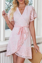 Load image into Gallery viewer, Tie Waist Surplice Neck Pom-Pom Trim Dress